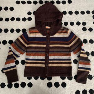 Hooded Cardigan Cropped Sweater Women’s XS Brown Striped Knit Boho Preppy 90s